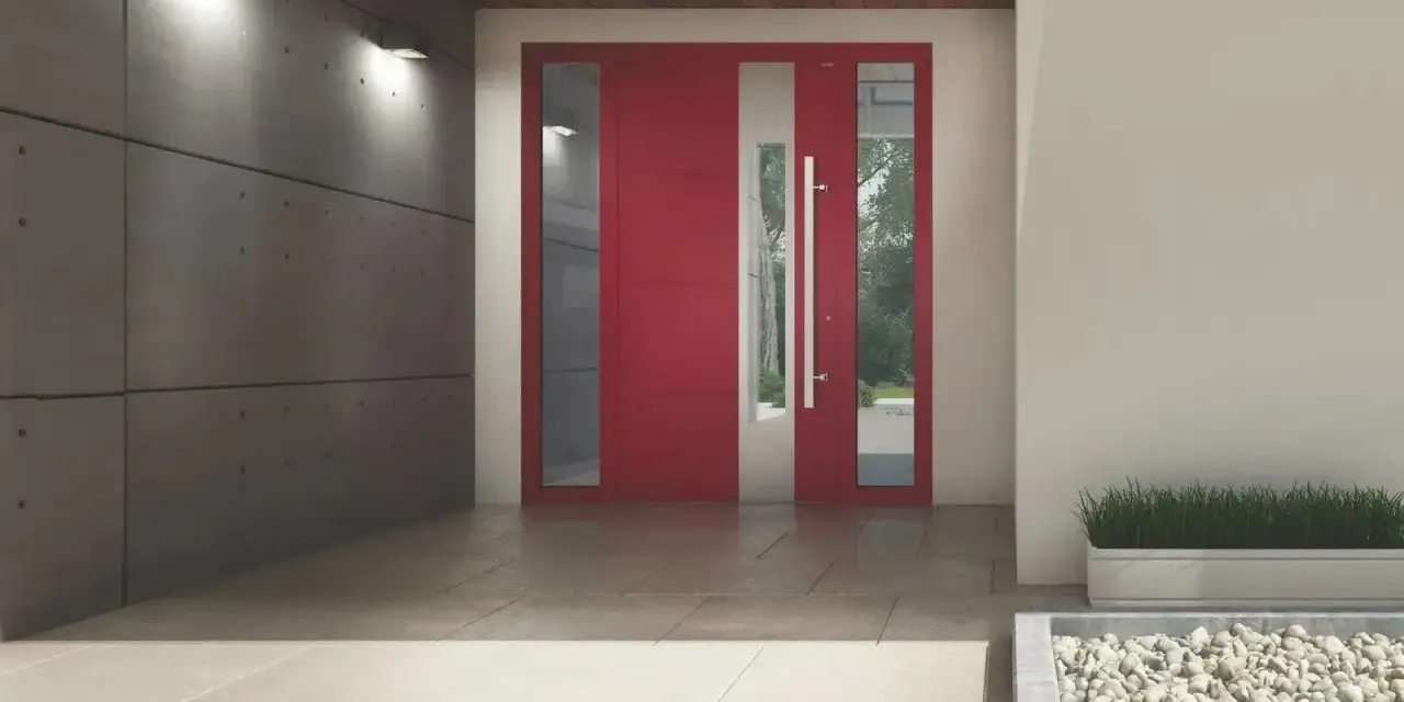 Nowoczesne, czerwone drzwi antywłamaniowe klasy C z przeszkleniami, idealne do minimalistycznej elewacji.