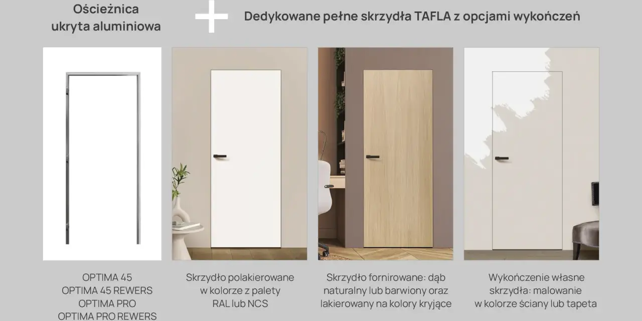 Ościeżnica ukryta aluminiowa i skrzydła drzwiowe TAFLA: lakierowane, fornirowane, malowane pod kolor ściany.