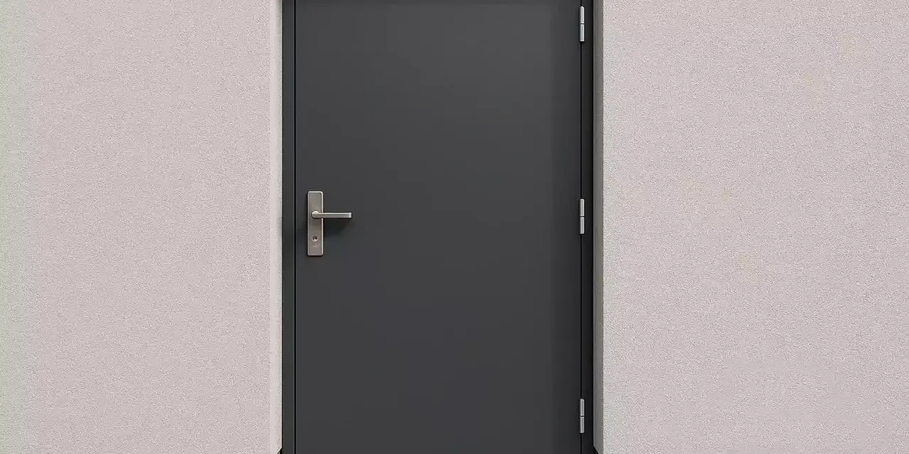 Solidne drzwi techniczne antracyt z metalowym uchwytem, osadzone w jasnej, chropowatej ścianie.