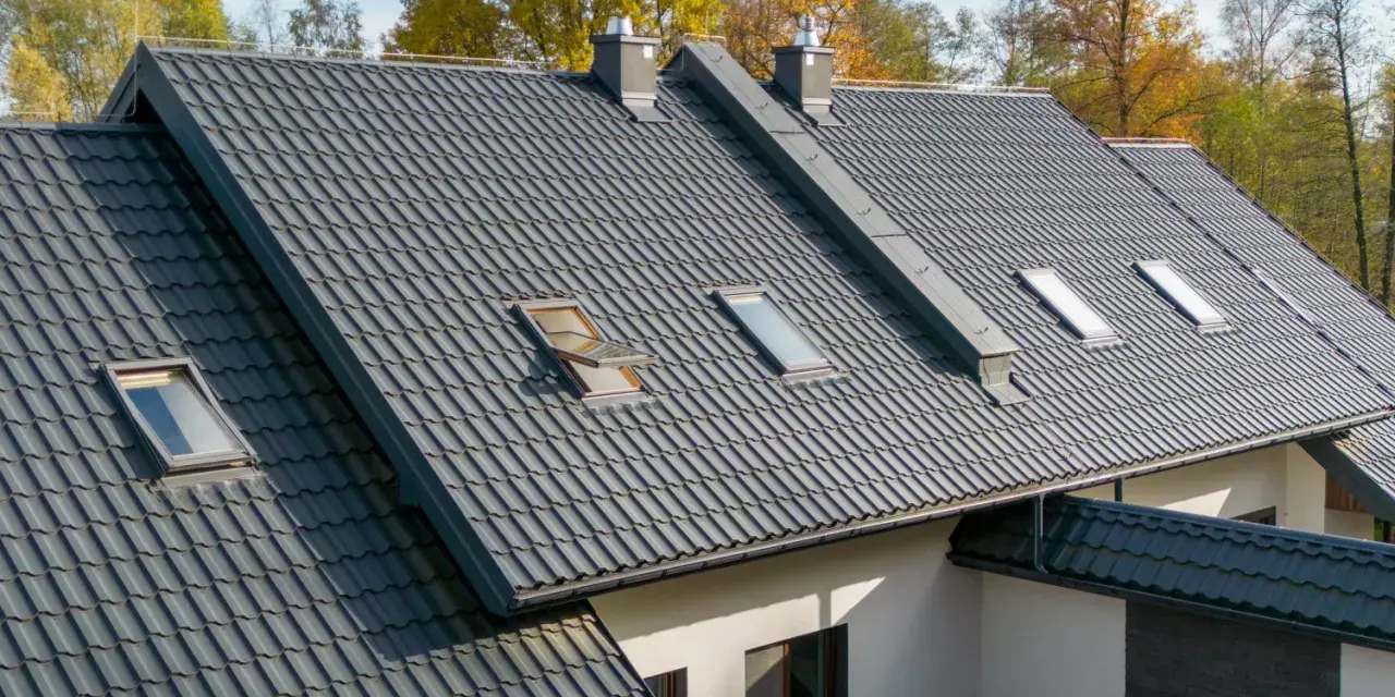 Nowoczesna blacha na dach pokrywa dom z kilkoma oknami dachowymi. Jesienne drzewa otaczają budynek.