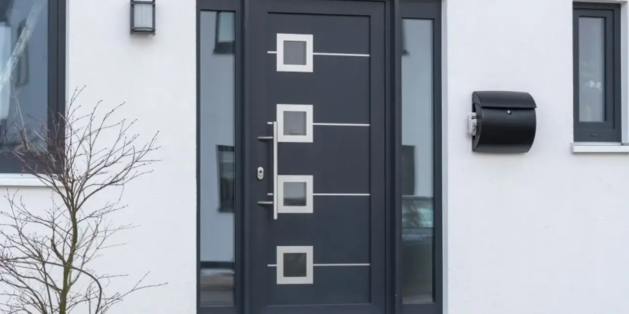 Nowoczesne drzwi zewnętrzne w ciemnoszarym kolorze z geometrycznymi przeszkleniami i metalowymi elementami. Obok skrzynka na listy.
