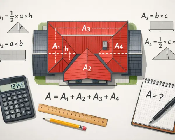 Ilustracja pokazuje, jak obliczyć powierzchnię dachu. Widać dom z czerwonym dachem podzielonym na części A1, A2, A3, A4, wzory matematyczne, kalkulator i przybory kreślarskie.