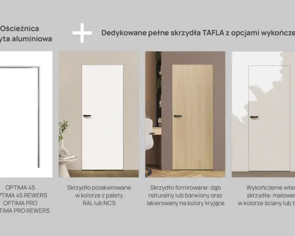 Ościeżnica ukryta aluminiowa i skrzydła drzwiowe TAFLA: lakierowane, fornirowane, malowane pod kolor ściany.