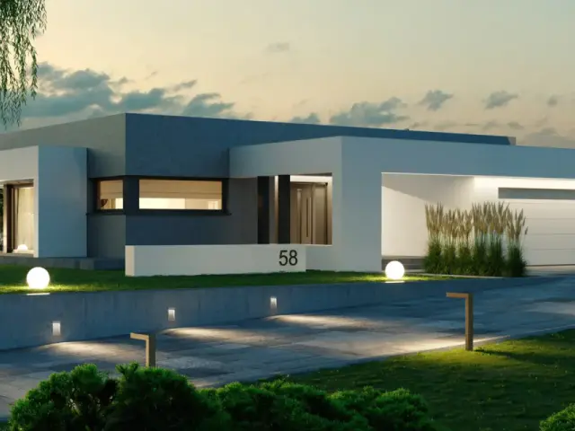 Nowoczesne projekty domu z płaskim dachem, z minimalistyczną bryłą, dużymi przeszkleniami i oświetleniem podkreślającym architekturę.