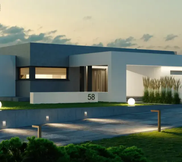Nowoczesne projekty domu z płaskim dachem, z minimalistyczną bryłą, dużymi przeszkleniami i oświetleniem podkreślającym architekturę.