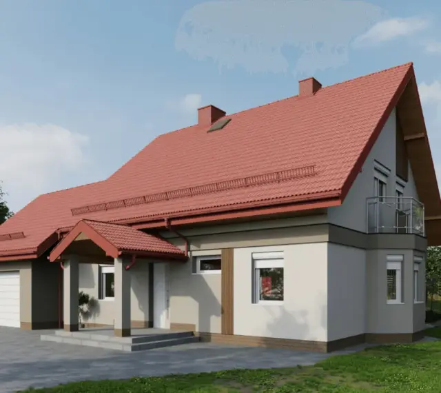 Jasnoszara elewacja z ceglanym cokołem i drewnianymi akcentami świetnie komponuje się z czerwonym dachem.