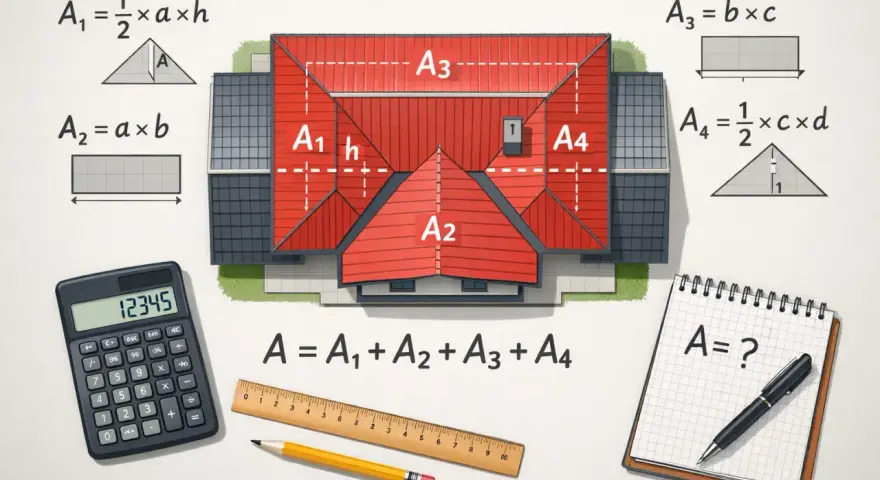Ilustracja pokazuje, jak obliczyć powierzchnię dachu. Widać dom z czerwonym dachem podzielonym na części A1, A2, A3, A4, wzory matematyczne, kalkulator i przybory kreślarskie.