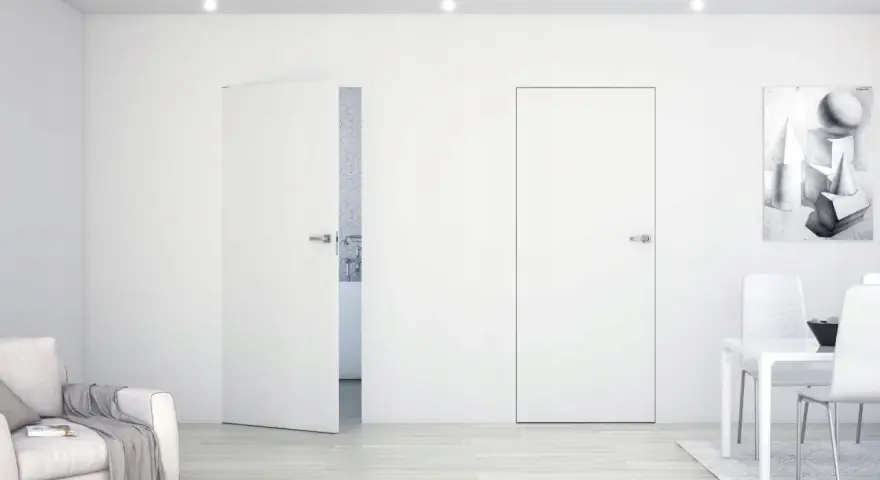 Minimalistyczne wnętrze z drzwiami Sara Eco. Jasna sofa, stół z krzesłami i obraz na ścianie.