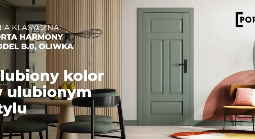 Klasyczna, oliwkowa porta Harmony B.0 z czarną klamką, idealnie wpasowana w nowoczesne wnętrze.