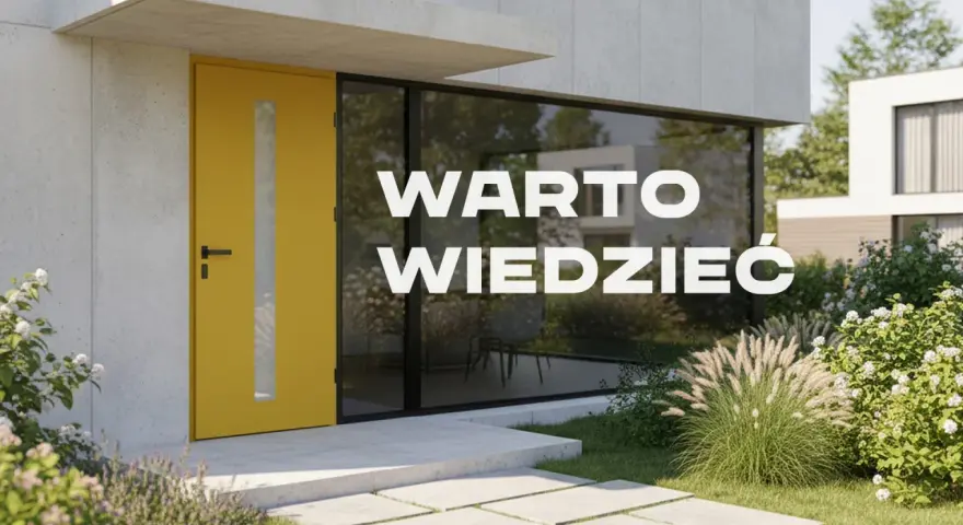 Żółte drzwi zewnętrzne z przeszkleniem, obok dużego okna. Warto wiedzieć, co oferuje nasz katalog drzwi.