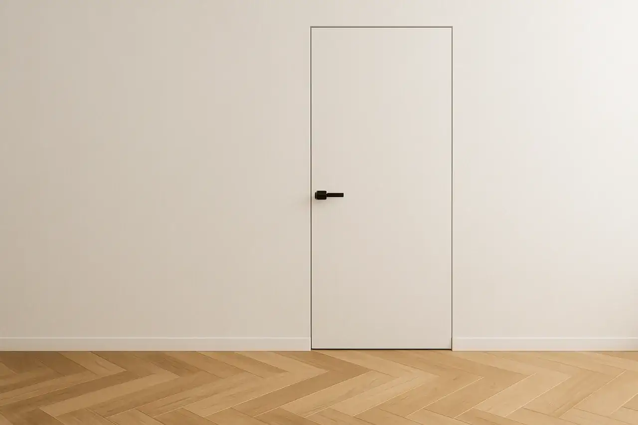 Minimalistyczne wnętrze z jasną ścianą i czarną klamką. Drzwi równo ze ścianą tworzą gładką, jednolitą powierzchnię.