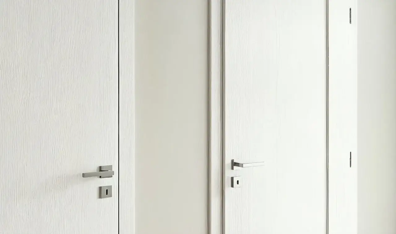 Dwie białe drzwi bezprzylgowe Porta z nowoczesnymi, metalowymi klamkami i zamkami.