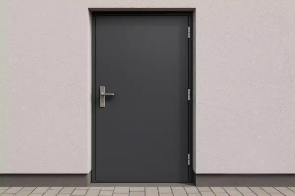 Solidne drzwi techniczne antracyt z metalowym uchwytem, osadzone w jasnej, chropowatej ścianie.